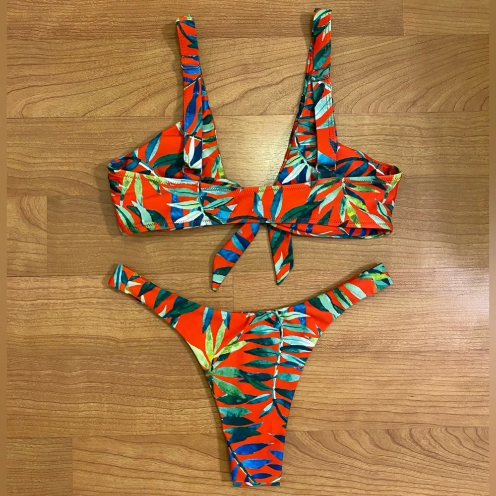 Red Tropical Knot Front Cheeky Bikini Set